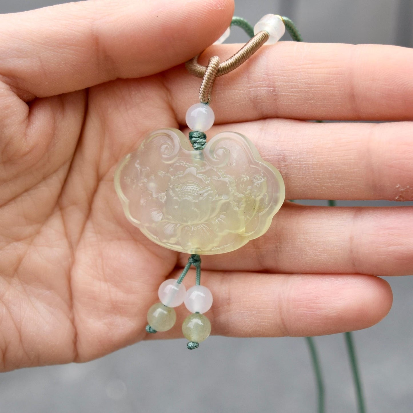 Lotus Peony Lock Charm Rope Necklace - Green Serpentine Jade