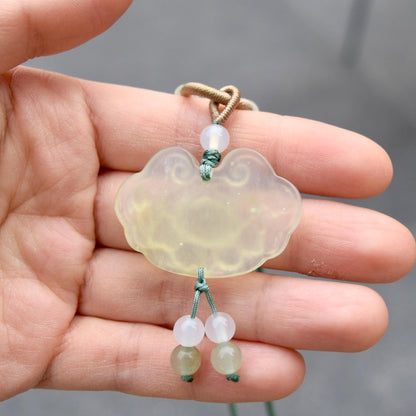 Lotus Peony Lock Charm Rope Necklace - Green Serpentine Jade