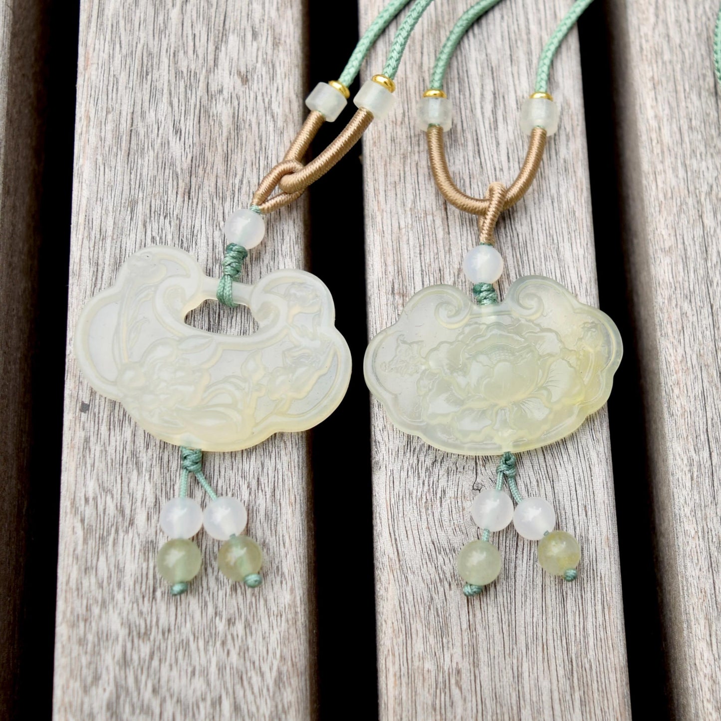 Lotus Peony Lock Charm Rope Necklace - Green Serpentine Jade