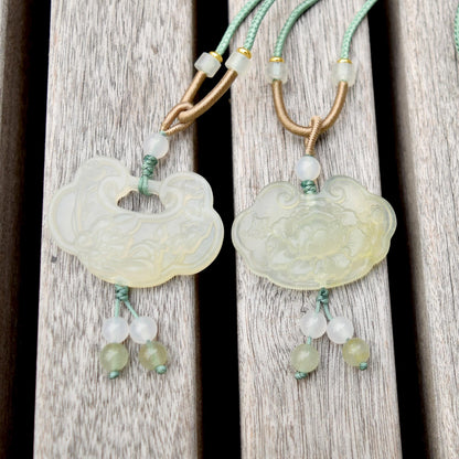 Lotus Peony Lock Charm Rope Necklace - Green Serpentine Jade