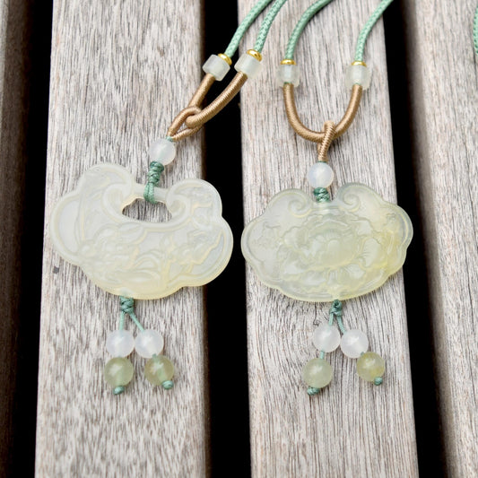 Lotus Peony Lock Charm Rope Necklace - Green Serpentine Jade