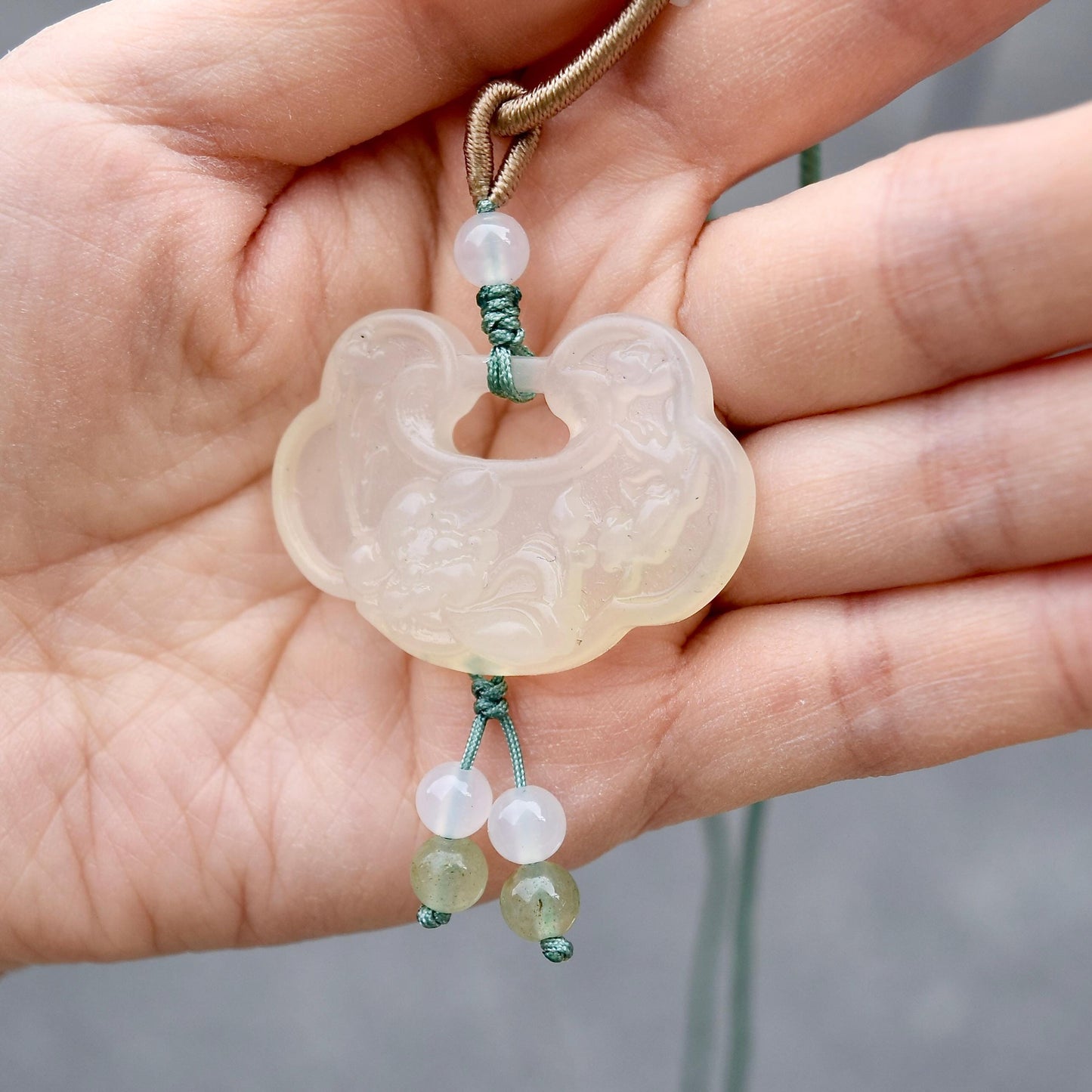 Lotus Peony Lock Charm Rope Necklace - Green Serpentine Jade