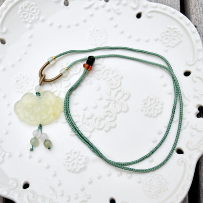 Lotus Peony Lock Charm Rope Necklace - Green Serpentine Jade