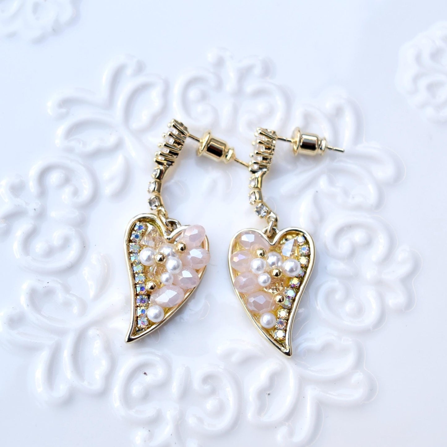 Pink Stone Heart Crystals Earrings