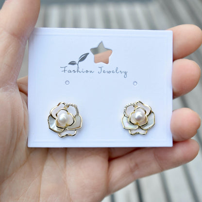 White Camellia Stud Earrings - Freshwater Pearl Earrings