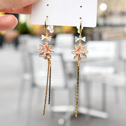 Red Flower Tassel Earrings - Asian Style Enamel Earrings