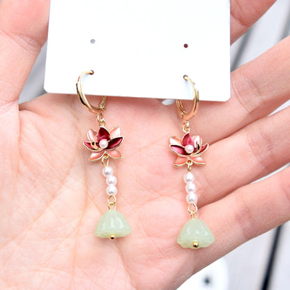 Lotus Pearl Dangle Earrings - Asian Style Enamel Earrings