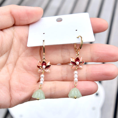Lotus Pearl Dangle Earrings - Asian Style Enamel Earrings