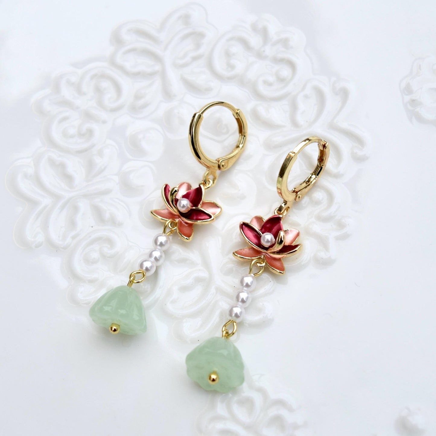 Lotus Pearl Dangle Earrings - Asian Style Enamel Earrings