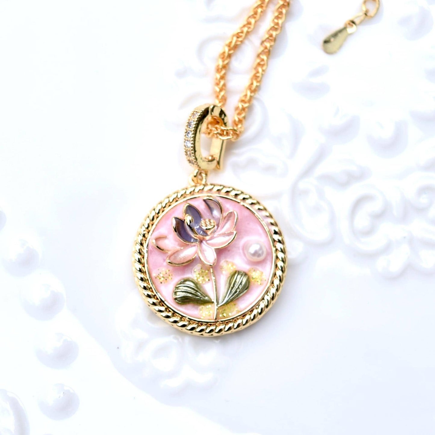 Enamel Pearl Flora Charm Necklace - Vintage Style