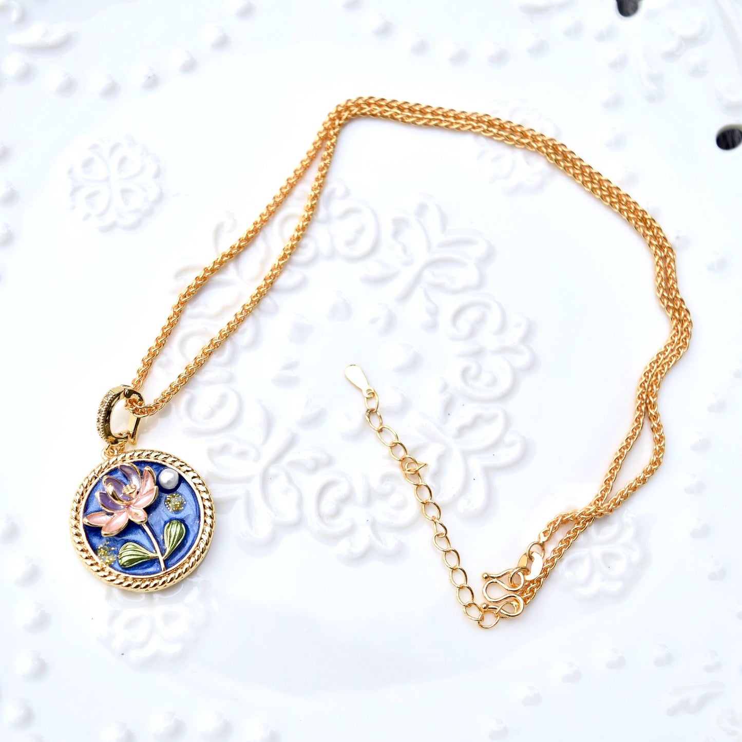 Enamel Pearl Flora Charm Necklace - Vintage Style