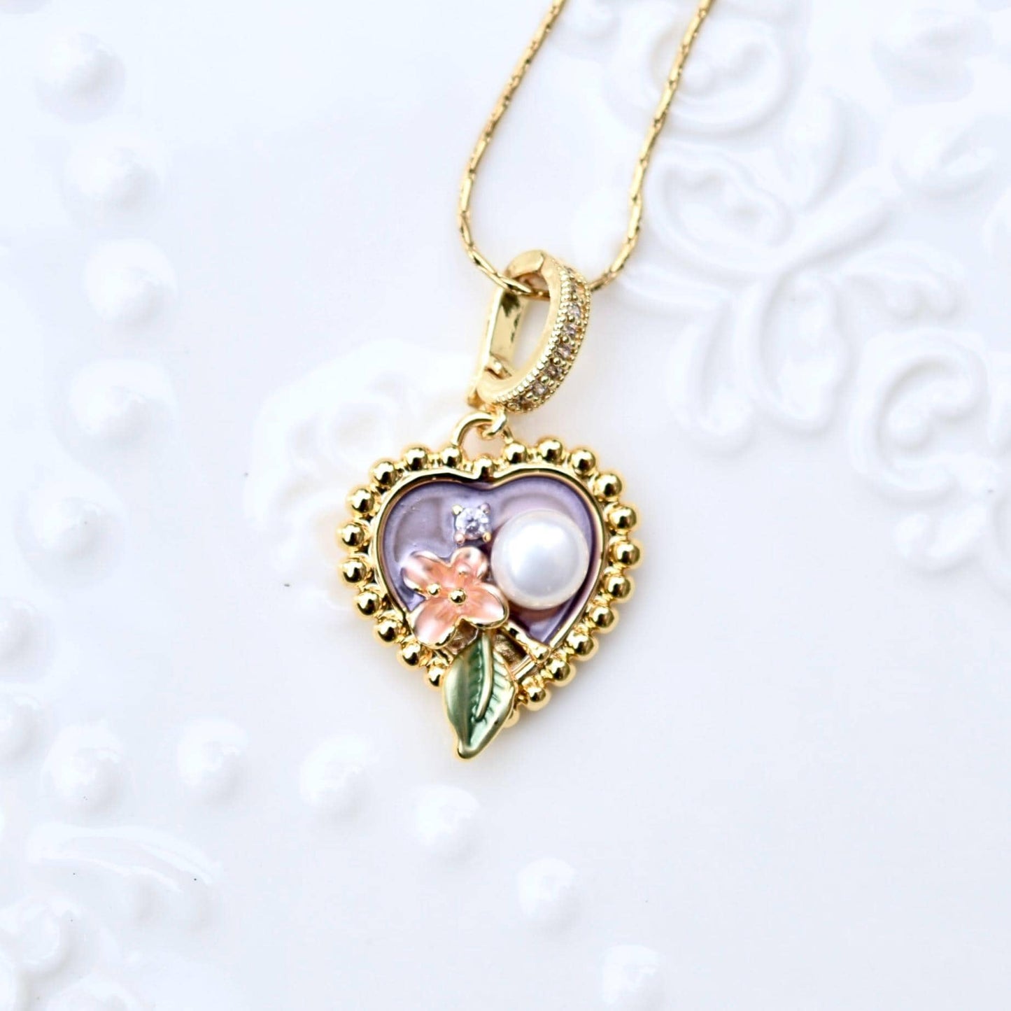 Enamel Pearl Flora Charm Necklace - Vintage Style