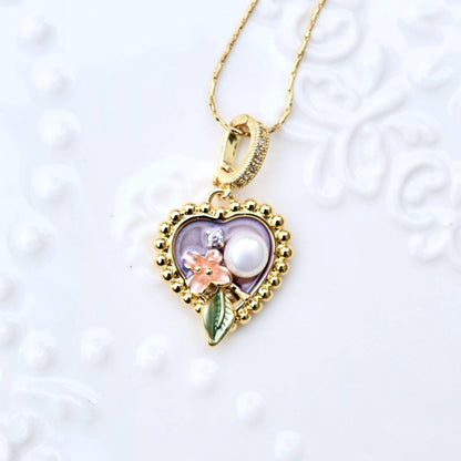 Enamel Pearl Flora Charm Necklace - Vintage Style
