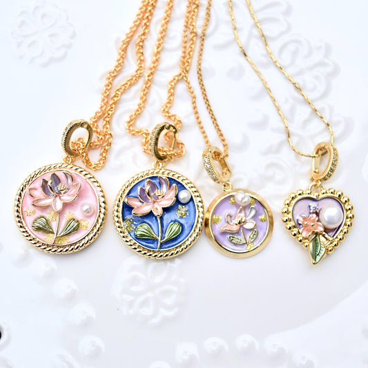 Enamel Pearl Flora Charm Necklace - Vintage Style