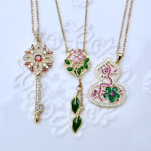 Golden Crystals Flora Key Gourd Charm Necklace