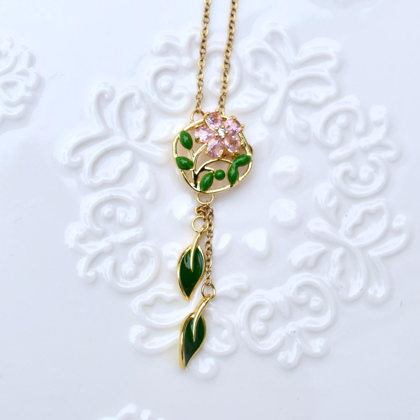 Golden Crystals Flora Key Gourd Charm Necklace