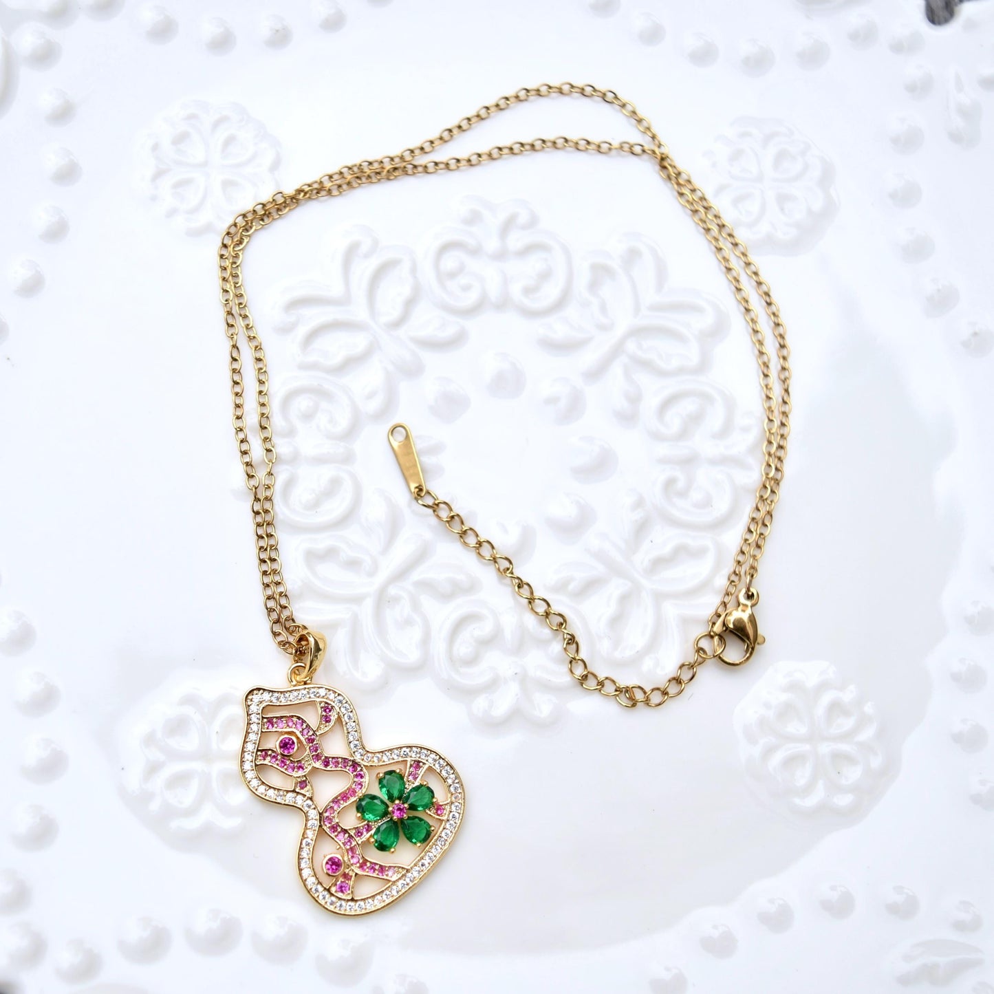 Golden Crystals Flora Key Gourd Charm Necklace