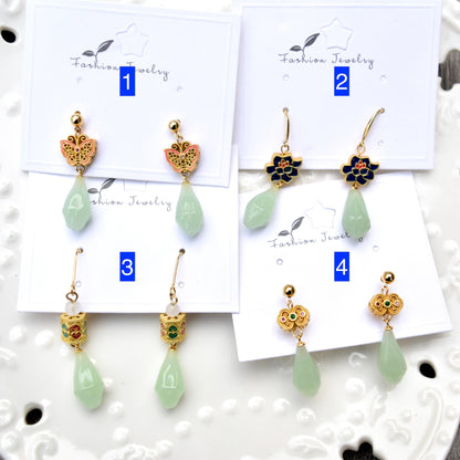 Green Jade Tone Flora Enamel Charm Earrings - Asian Style Earrings