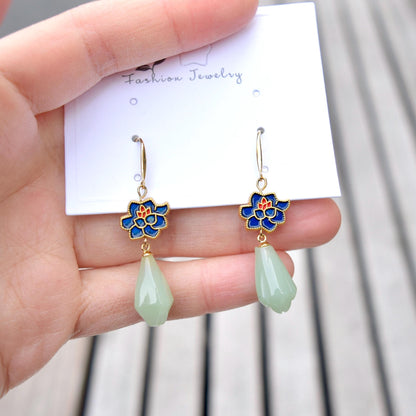 Green Jade Tone Flora Enamel Charm Earrings - Asian Style Earrings