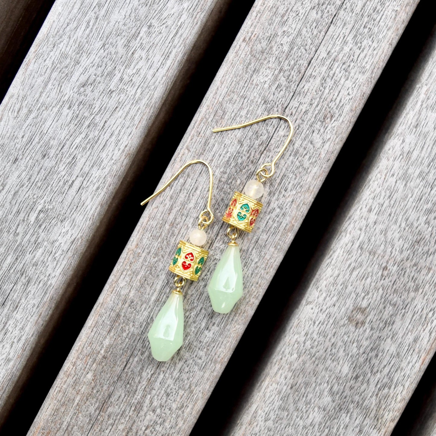 Green Jade Tone Flora Enamel Charm Earrings - Asian Style Earrings