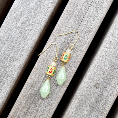 Green Jade Tone Flora Enamel Charm Earrings - Asian Style Earrings