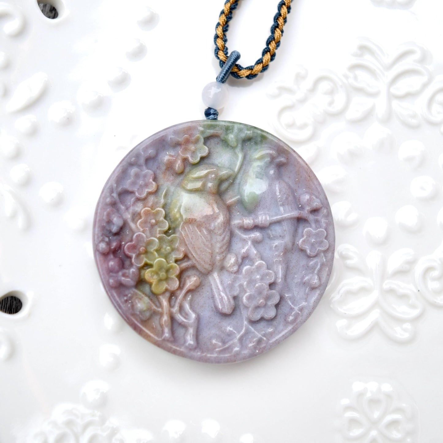 Purple Ocean Agate Pendant Rope Necklace - Butterfly ｜ Bird