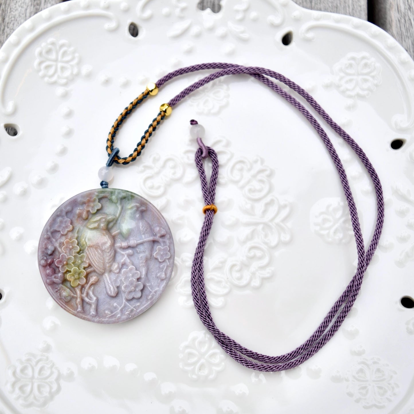Purple Ocean Agate Pendant Rope Necklace - Butterfly ｜ Bird