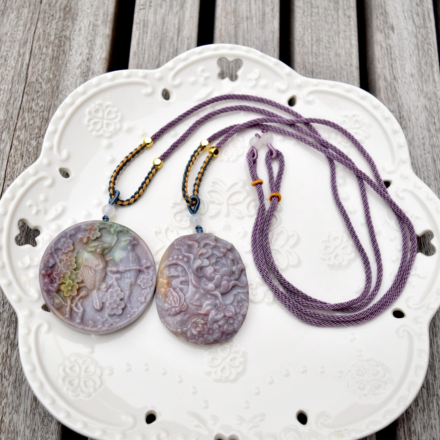 Purple Ocean Agate Pendant Rope Necklace - Butterfly ｜ Bird