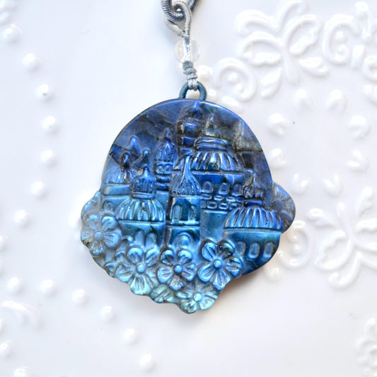 Labradorite Carved Castle Pendant Necklace