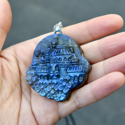 Labradorite Carved Castle Pendant Necklace