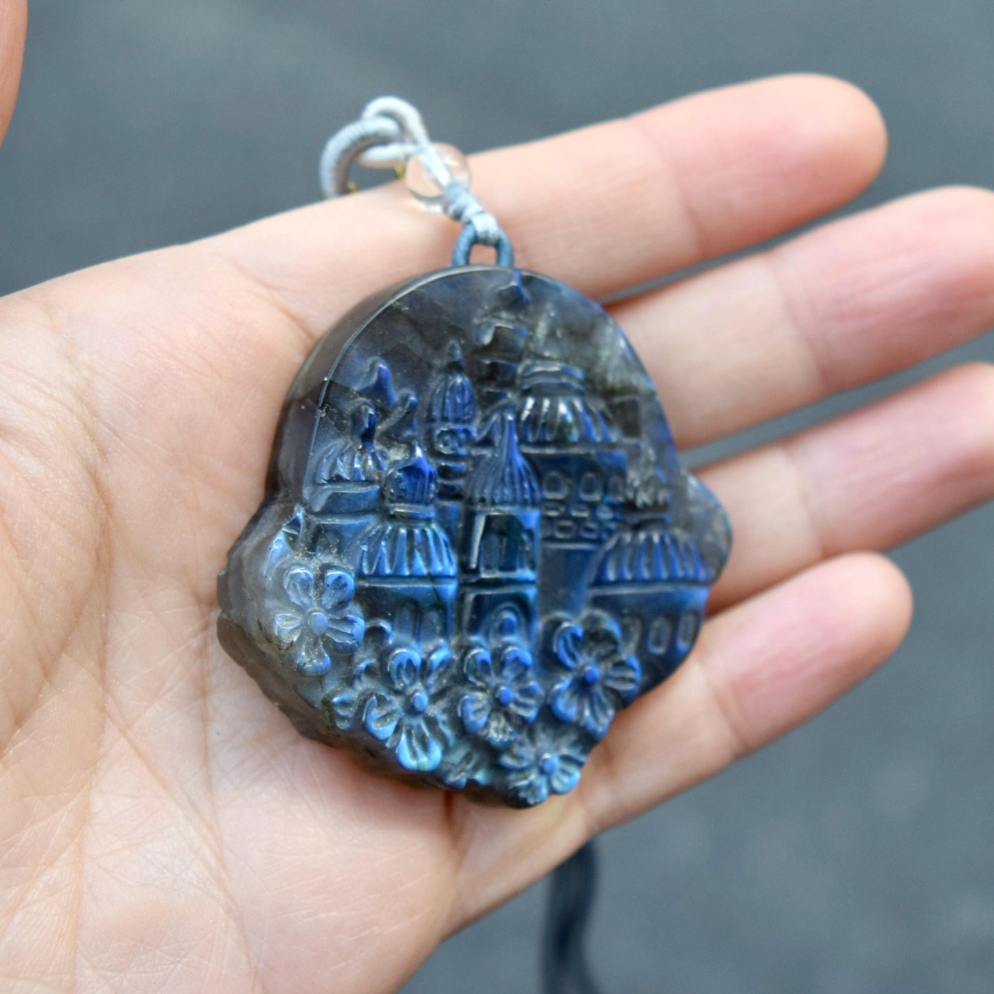 Labradorite Carved Castle Pendant Necklace