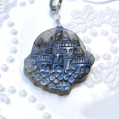 Labradorite Carved Castle Pendant Necklace