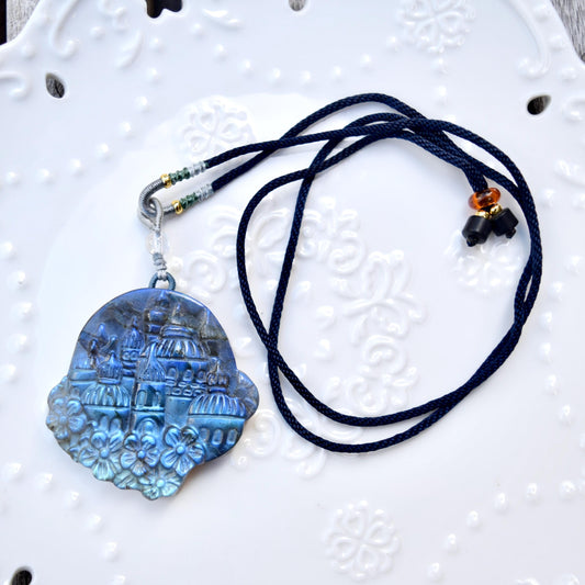 Labradorite Carved Castle Pendant Necklace