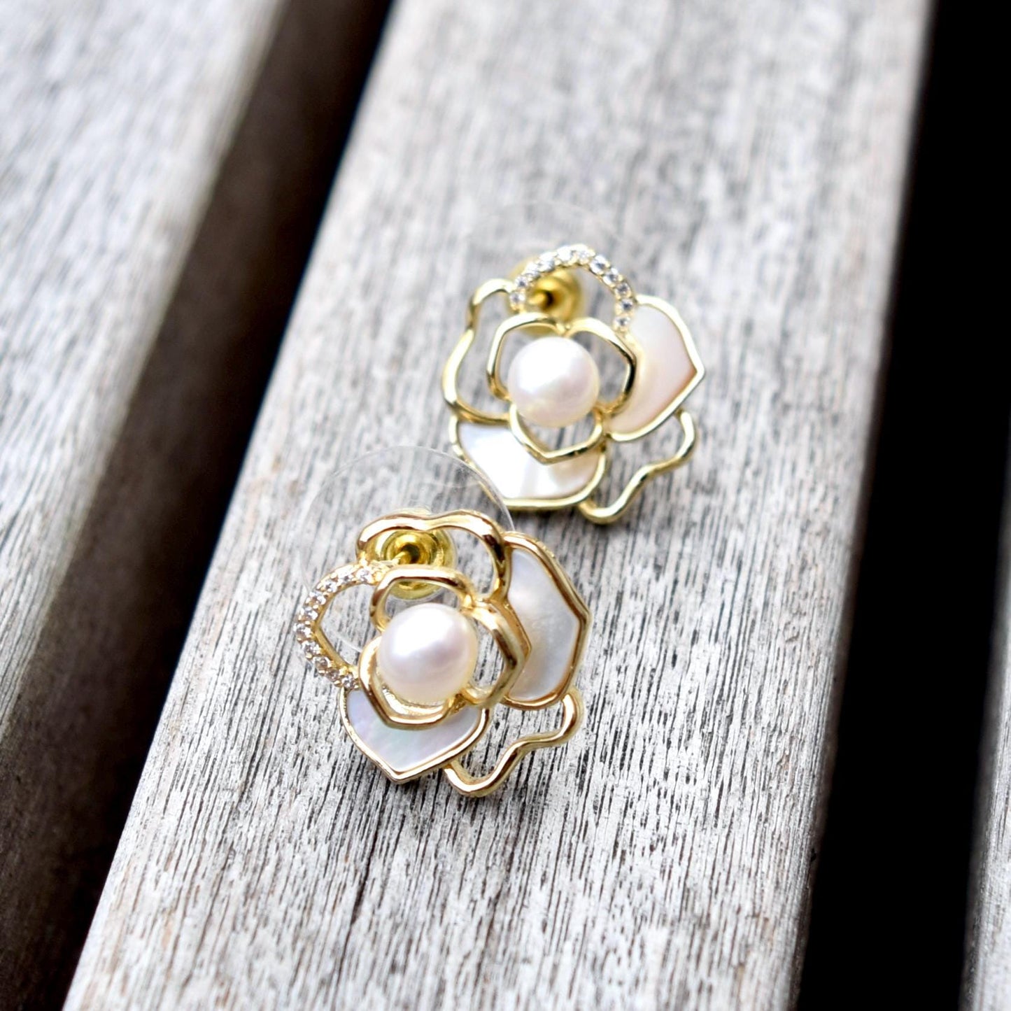 White Camellia Stud Earrings - Freshwater Pearl Earrings