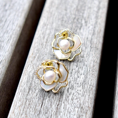 White Camellia Stud Earrings - Freshwater Pearl Earrings