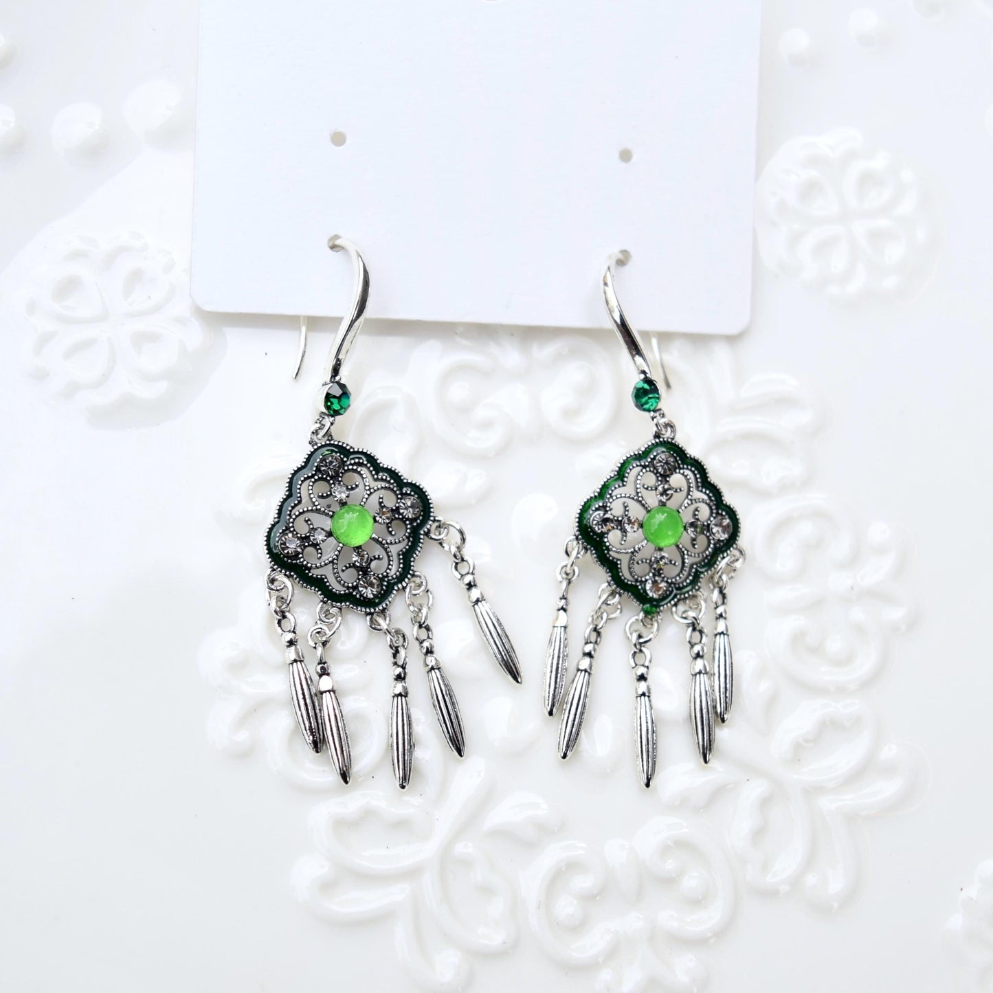 Dreamcatcher Green Crystals Earrings - Vintage Style Earrings