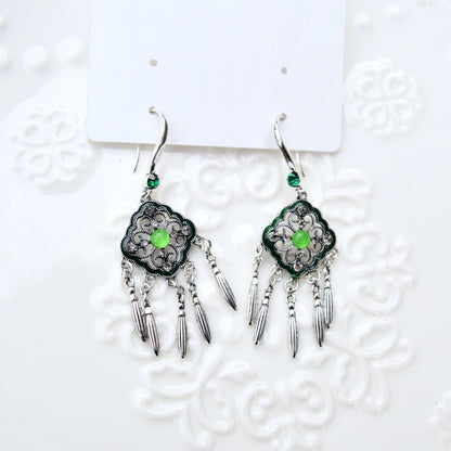 Dreamcatcher Green Crystals Earrings - Vintage Style Earrings