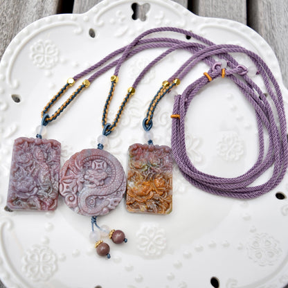 Purple Ocean Agate Pendant Rope Necklace - Peony ｜ Dragon