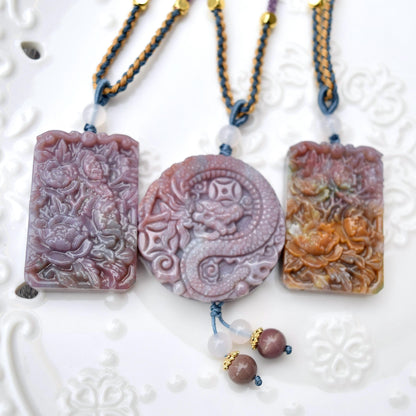 Purple Ocean Agate Pendant Rope Necklace - Peony ｜ Dragon