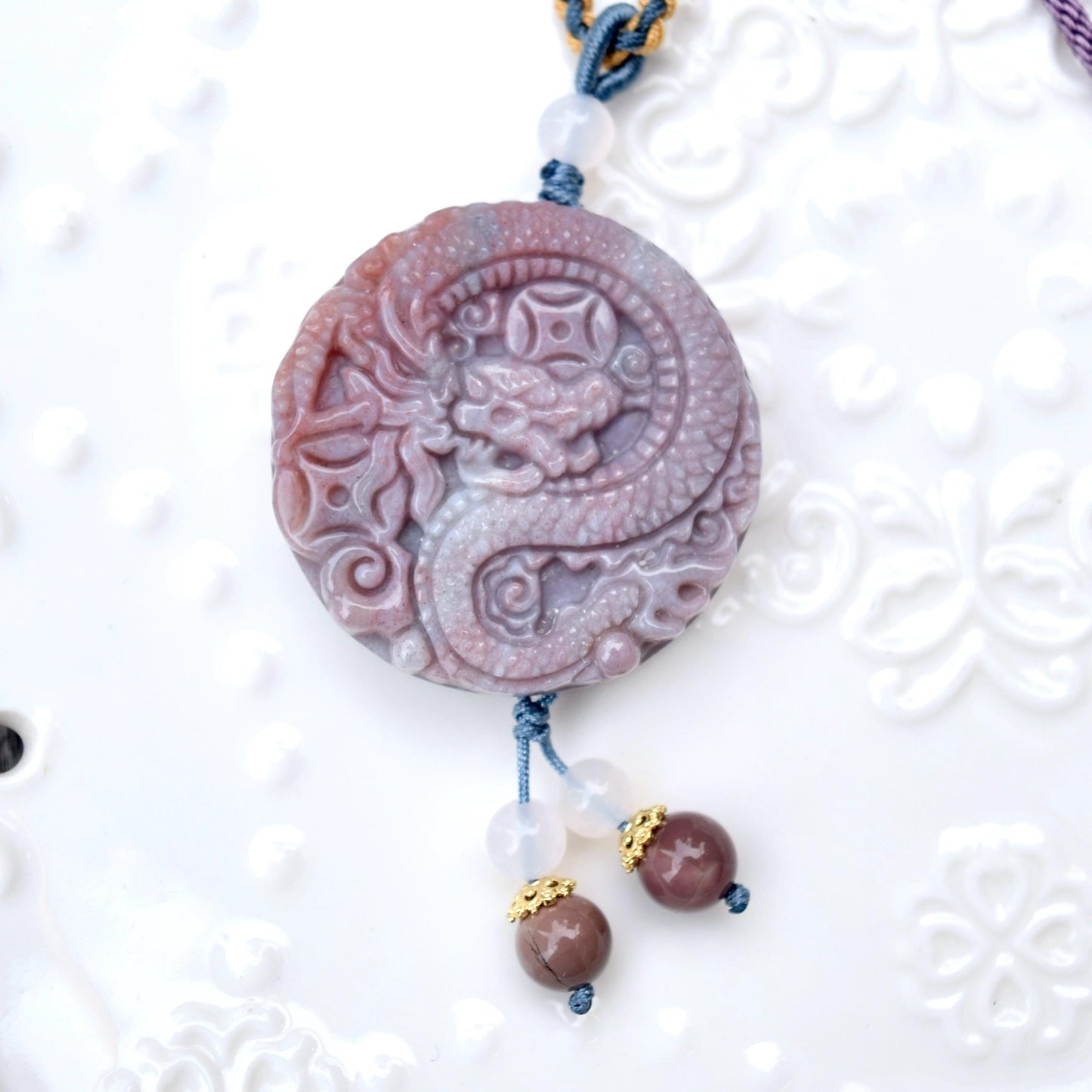 Purple Ocean Agate Pendant Rope Necklace - Peony ｜ Dragon