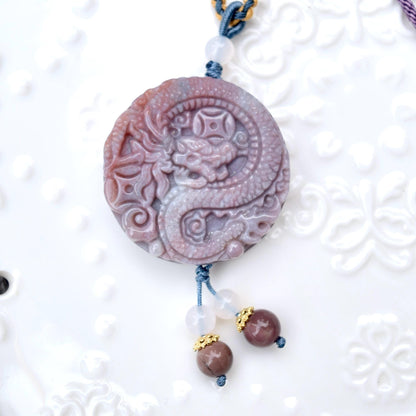 Purple Ocean Agate Pendant Rope Necklace - Peony ｜ Dragon