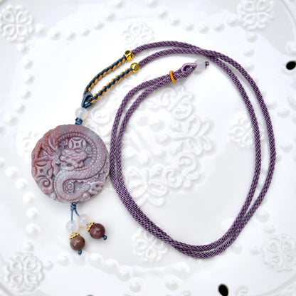 Purple Ocean Agate Pendant Rope Necklace - Peony ｜ Dragon