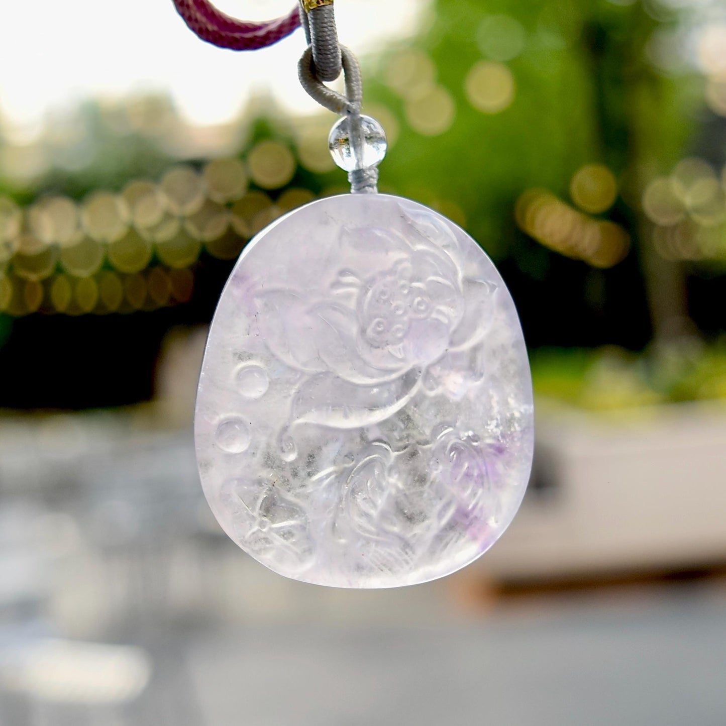Purple Lotus Pendant Rope Necklace - Amethyst