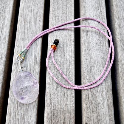 Purple Lotus Pendant Rope Necklace - Amethyst