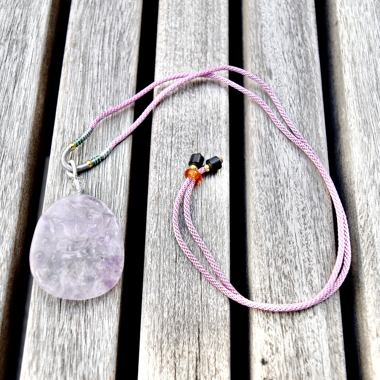 Purple Lotus Pendant Rope Necklace - Amethyst