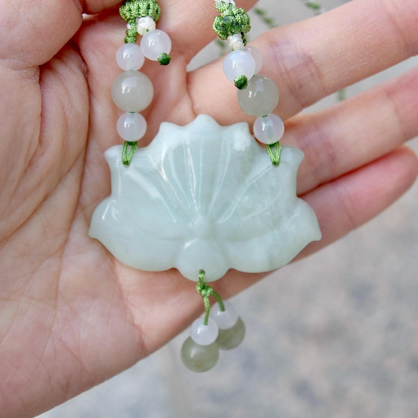Green Jade Lotus Necklace - Serpentine Jade Adjustable RopeNecklace