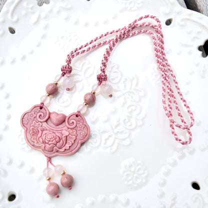 Pink Peony Lock Pendant Rope Necklace - Pink Jasper