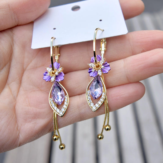 Purple Flower Tassel Earrings - Asian Style Enamel Earrings