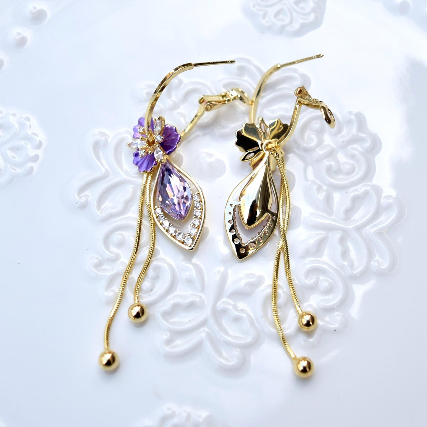 Purple Flower Tassel Earrings - Asian Style Enamel Earrings