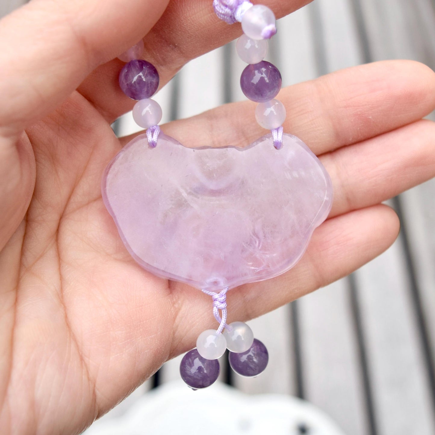 Purple Peony Lock Pendant Rope Necklace - Amethyst Crystal Pendant